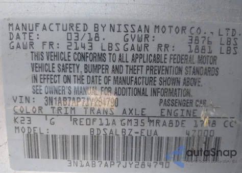 2018 Nissan Sentra S from USA, damaged, VIN 3N1AB7AP7JY284790